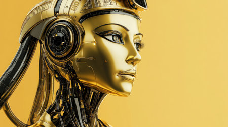 A robotic figure dressed as Cleopatra, shining in gold and Egyptian decor, representing a blend of ancient royalty and advanced technologyの素材