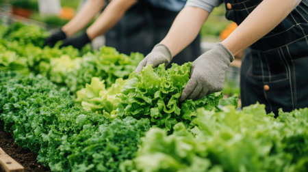 Dedicated workers in overalls tending to lush lettuce and green salad in a greenhouse, showcasing fresh, organic vegetables and sustainable farming practicesの素材