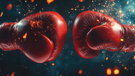 Boxing gloves crash into each other, creating a powerful moment of impact with copy space for a fight night poster or event announcement.の素材