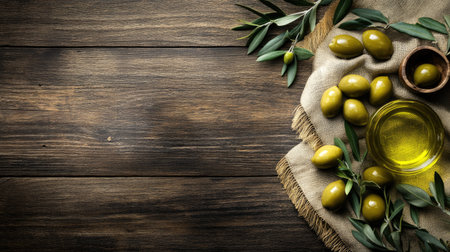 Fresh olives and organic olive oil presented on a wooden table, ideal for health lovers who value natural, wholesome productsの素材