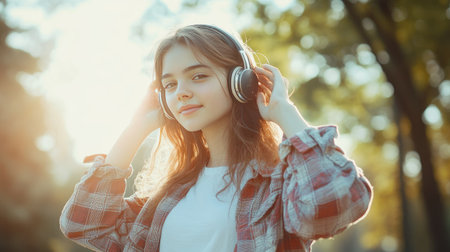 Teen girl wearing trendy clothes and headphones, listening to music in a park, capturing a relaxed and fashionable vibe.の素材