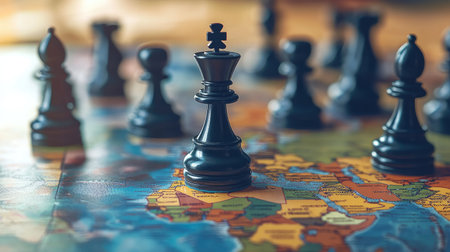 Strategic chess game on a world map, with pieces symbolizing companies competing for dominance across international markets.の素材
