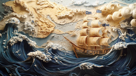 Intricate paper art depicting a pirate journey around the world, with detailed waves, ships, and maps bringing the adventure to life.の素材