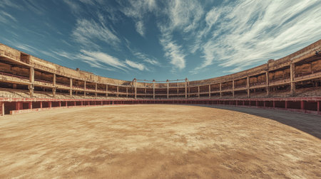 A deserted round bullfight arena in Spain, capturing the grandeur of the iconic space used for traditional bullfighting eventsの素材