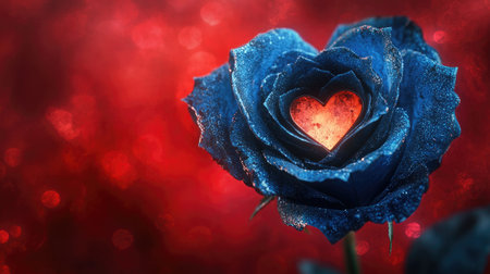 A surreal blue rose with intricate details set against a red backdrop, with a heart-shaped hole in the center symbolizing love.の素材