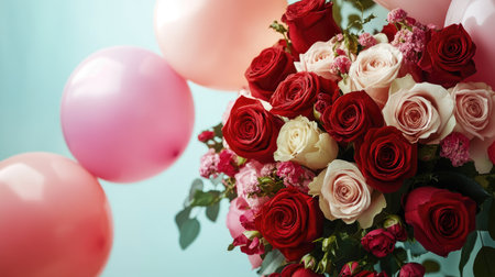 Red and pink roses in a bouquet adorned with cheerful balloons, illustrating a perfect blend of romance and celebration.の素材