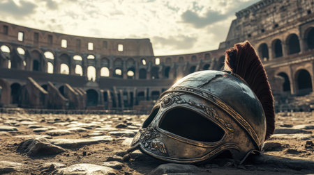 A Roman gladiator helmet rests on the arena floor, with the iconic Colosseum in the background, blending history and legend.の素材