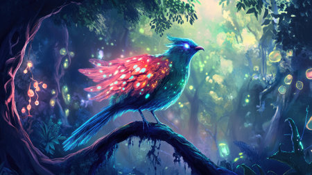 A mythical bird with glowing plumage sings in a magical forest, surrounded by enchanted trees and glowing plants.の素材