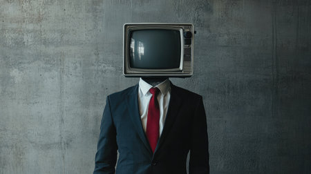 Striking visual of a man dressed in formal attire with a vintage TV screen head, representing the influence of television and mass media in shaping public perceptionの素材