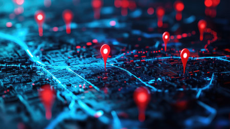 Map featuring red and blue pinpoints, emphasizing geographic data and analysis, suited for visualizing insights and trends.の素材