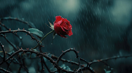 A lone red rose blooms amidst a tangled web of thorns, rain pouring down, symbolizing beauty and defiance in nature.の素材