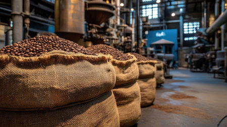 Coffee beans in large burlap sacks sit in a bustling coffee roasting factory, reflecting the process of turning beans into the perfect brew.の素材
