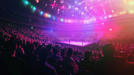 Fans fill the seats in a boxing arena, with colorful lights illuminating the space in anticipation of a high-stakes fight.の素材