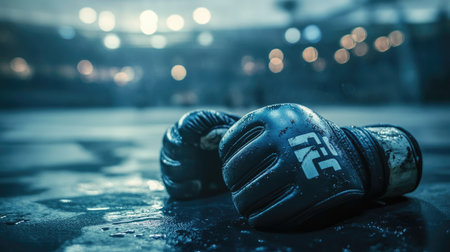 Close-up of worn MMA gloves, sweat droplets dotting the mat, with the blurred backdrop of an empty arena setting a post-fight atmosphere.の素材