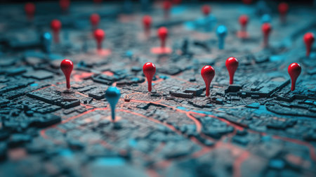 Map featuring red and blue pinpoints, emphasizing geographic data and analysis, suited for visualizing insights and trends.の素材