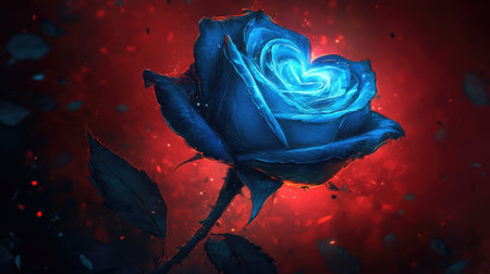 A glowing blue rose on a crimson background, with a heart-shaped hole in the middle, creating a striking contrast of colors and symbolismの素材