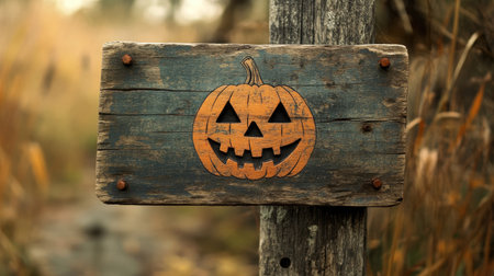Vintage, weathered wooden sign perfect for Halloween or fall designs, adding rustic charm and an old-world feel.の素材