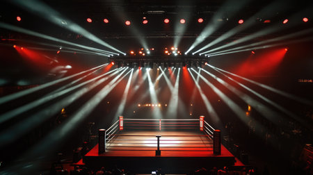 Spotlights shine on a boxing ring, highlighting the center stage where the night's match will take place.の素材