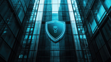 Glass building facade with a shield icon, symbolizing digital protection and IoT security in a modern, tech-savvy world.の素材