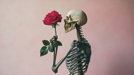 Delicate red rose held by a skeleton, set against a soft pastel pink background, creating a contrast between beauty and mortality.の素材