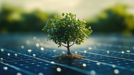 Young tree flourishing among solar panels, symbolizing renewable energy, sustainability, and the connection between nature and technology.の素材