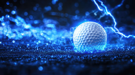 Blue lightning bursts around a golf ball, showcasing the intensity and strength of the game in a high-energy visual.の素材