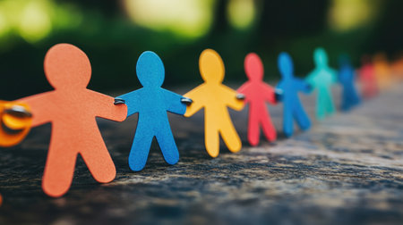 Close-up of a paper chain representing teamwork and connection, symbolizing unity and collaborative effort in achieving common goals.の素材