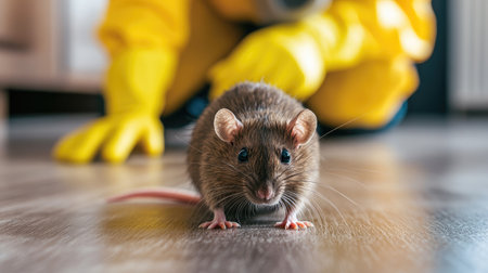 Close-up of a rat on the floor with a yellow-gloved pest control worker approaching in the background, emphasizing pest control.の素材