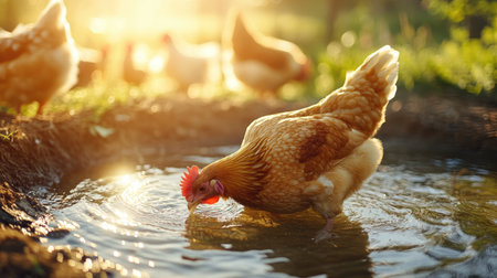 Free-range chicken drinking water in the sunlight on a sustainable farm, emphasizing hydration and eco-friendly agricultural practices.の素材