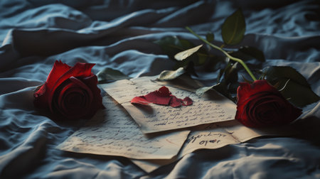 Heartbreak depicted with torn love letters and broken roses on a vacant bed, reflecting the sorrow and emotional fallout of love.の素材