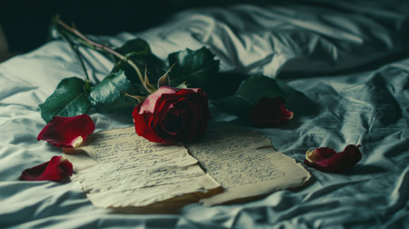 Broken roses and shredded love letters on an empty bed, capturing the essence of heartbreak and the pain of lost affectionの素材