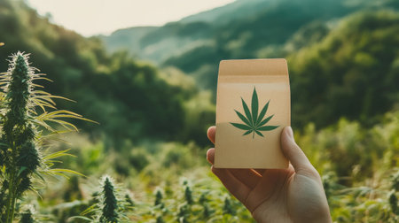 Hand displaying a paper packet featuring a marijuana symbol, surrounded by a green natural landscape, highlighting sustainable cannabis.の素材