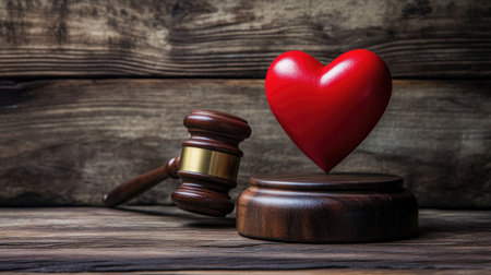 Gavel coming down on a red heart symbol, set against a wooden background, symbolizing the intersection of love and justice.の素材