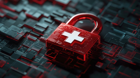 Digital security concept with a red padlock and white medical cross, representing the safeguarding of sensitive healthcare data.の素材