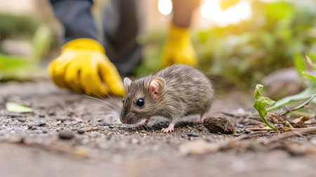 Focused shot of a rat on the ground with a pest control worker wearing yellow gloves visible in the background, ready for action.の素材