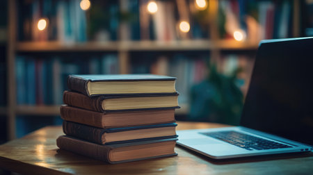 Close-up of books stacked beside a laptop on a wooden table, symbolizing the fusion of traditional education and digital learningの素材