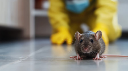 Close-up of a rat on the floor with a yellow-gloved pest control worker approaching in the background, emphasizing pest control.の素材