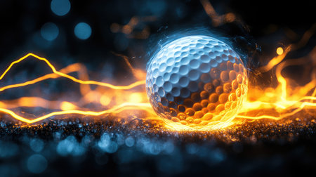 Golf ball illuminated by vibrant yellow lightning, creating an energetic and powerful atmosphere in a dramatic sports visual.の素材