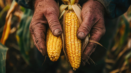 Close-up of farmer hands gripping golden corn in the cob, showcasing organic produce and the harvesting process.の素材