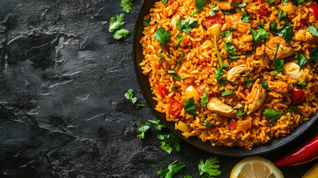 A colorful Cuban arroz con pollo, arranged from above, with space for text.の素材