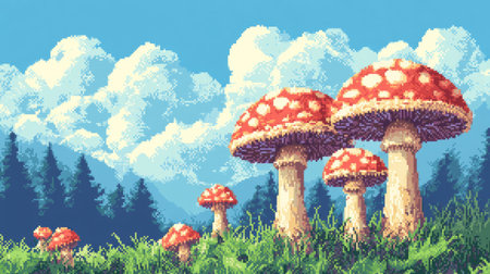Classic 8-bit mushrooms in a retro pixel art style, perfect for a nostalgic video game feel.の素材