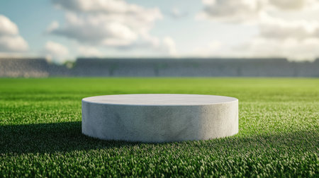 Football stadium with a cylindrical podium placed on a green grass field, perfect for sports awards and championship momentsの素材