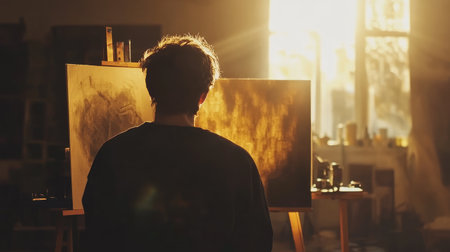 A still scene of an artist focused on their work, the golden light casting a warm glow on their canvas and workspace.の素材