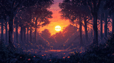 A peaceful forest scene in pixel art, featuring a stunning sunset with warm colors blending in the skyの素材