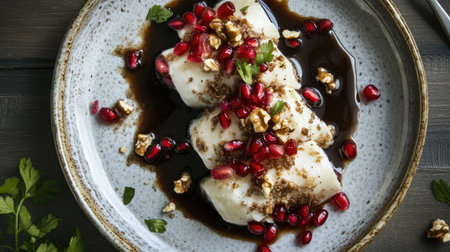 A plate of Mexican chiles en nogada with walnut sauce and pomegranate seeds, shot from above.の素材