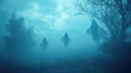 Halloween ghostly figures floating in a foggy forest, copy spaceの素材