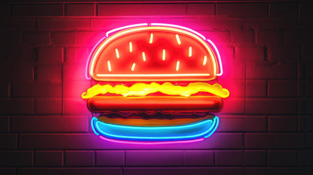 Neon burger sign, bursting with bright colors and modern vibes.の素材