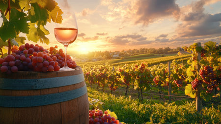 Warm sunset over a vineyard with a glass of rose wine and a wooden barrel, surrounded by ripe grapes, creating a peaceful atmosphere.の素材