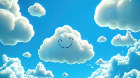 Charming cartoon clouds with smiling faces drift through a vibrant blue sky, creating a cheerful and whimsical atmosphere.の素材