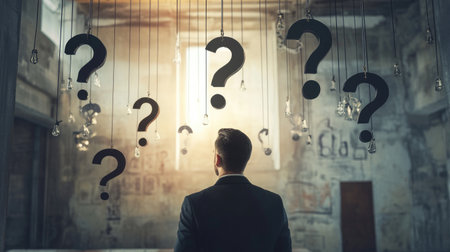 Businessman surrounded by large hanging question marks, representing the challenges of decision-making in a conceptual setting.の素材